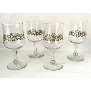4 Christmas Red Ribbon Holly Wine Glasses Drinking Glasses Tumblers Libbey